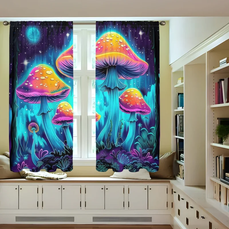 2Pcs Fantasy Mushroom Curtains Glowing Night Scene Pattern Living Room Bedroom Balcony Sunshade Magical Art Decor Curtains - Image 3