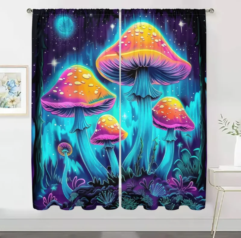 2Pcs Fantasy Mushroom Curtains Glowing Night Scene Pattern Living Room Bedroom Balcony Sunshade Magical Art Decor Curtains - Image 4