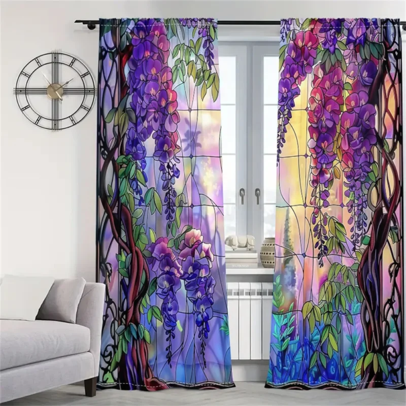 2Pcs Dreamy Wisteria Curtains Stained Glass Pattern Living Room Bedroom Balcony Sunshade Art Garden Style Decor Curtains
