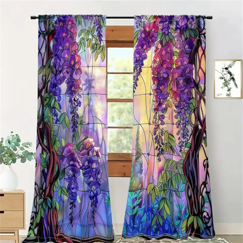 2Pcs Dreamy Wisteria Curtains Stained Glass Pattern Living Room Bedroom Balcony Sunshade Art Garden Style Decor Curtains - Image 2