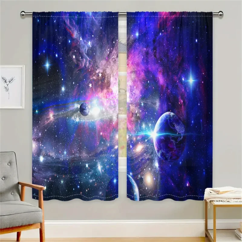 2Pcs Colorful Galaxy Curtains Space Planet Design Living Room Bedroom Sunshade Decor Curtains Cosmic Exploration Style Curtains