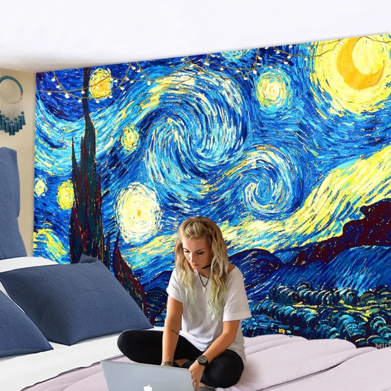Tapestry Famous Van Gogh Print Blanket Wall Hanging Star Moon Night Tapestry Decorative Blanket Fabric Bedroom 200x150cm Large - Image 5