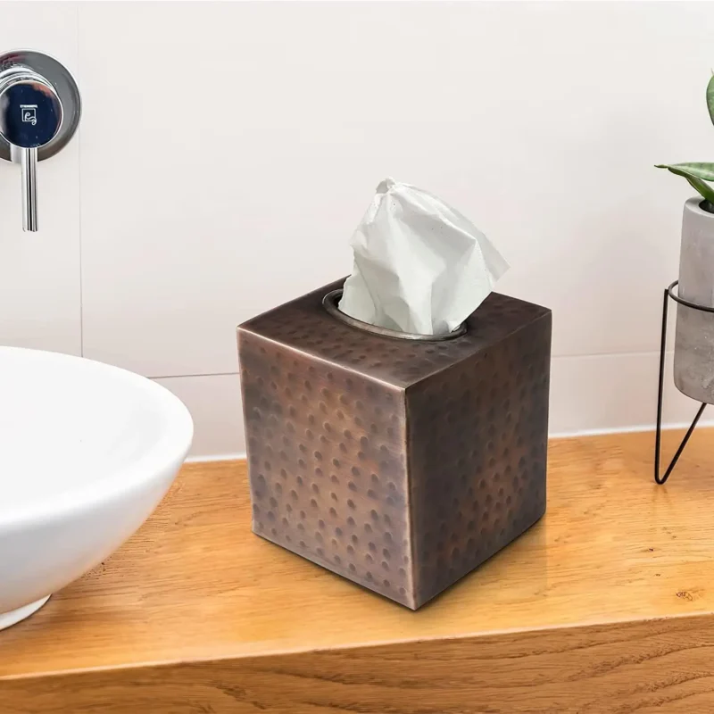 Hand Hammered Tissue Box Square Cover Holder and Dispenser, Rust-Resistant Tissue Box for Office & Bathroom - Image 4