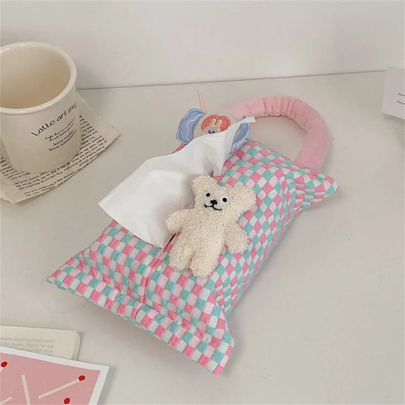 Pink Plaid Fabric Tissue Box Portable Hanging Tissue Case Living Room Container Home Car Towel Napkin Papers Bag Home Decoration - Image 5