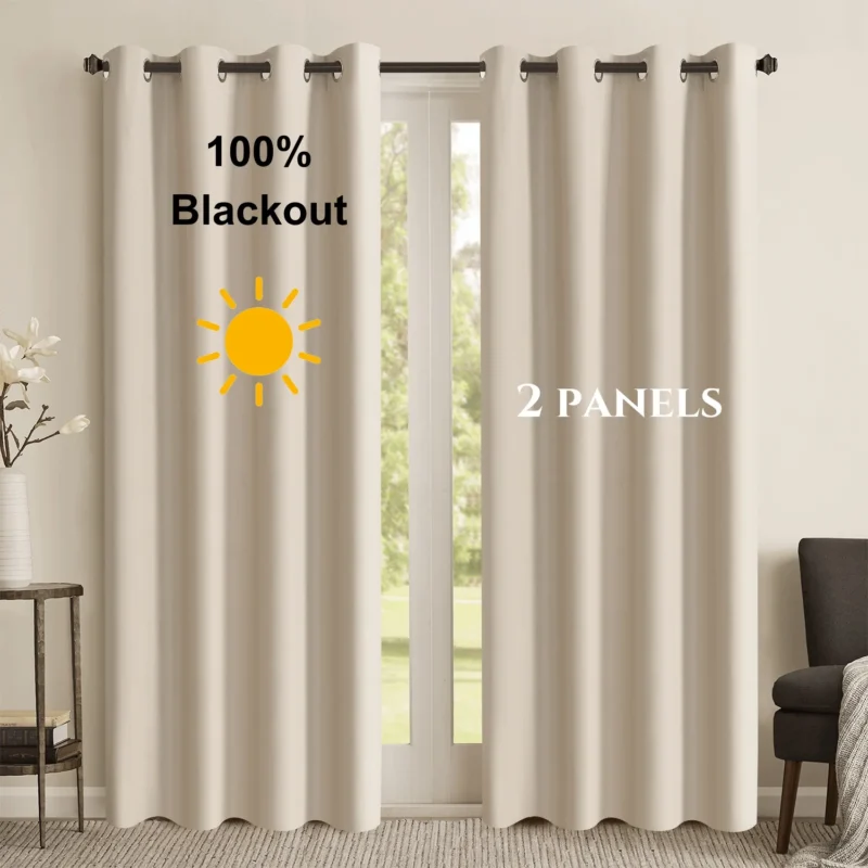 2pcs 100% Blackout Solid Color Curtains – Light Weight Premium Thermal Insulated Light Blocking Drapes for Bedroom, Living Room