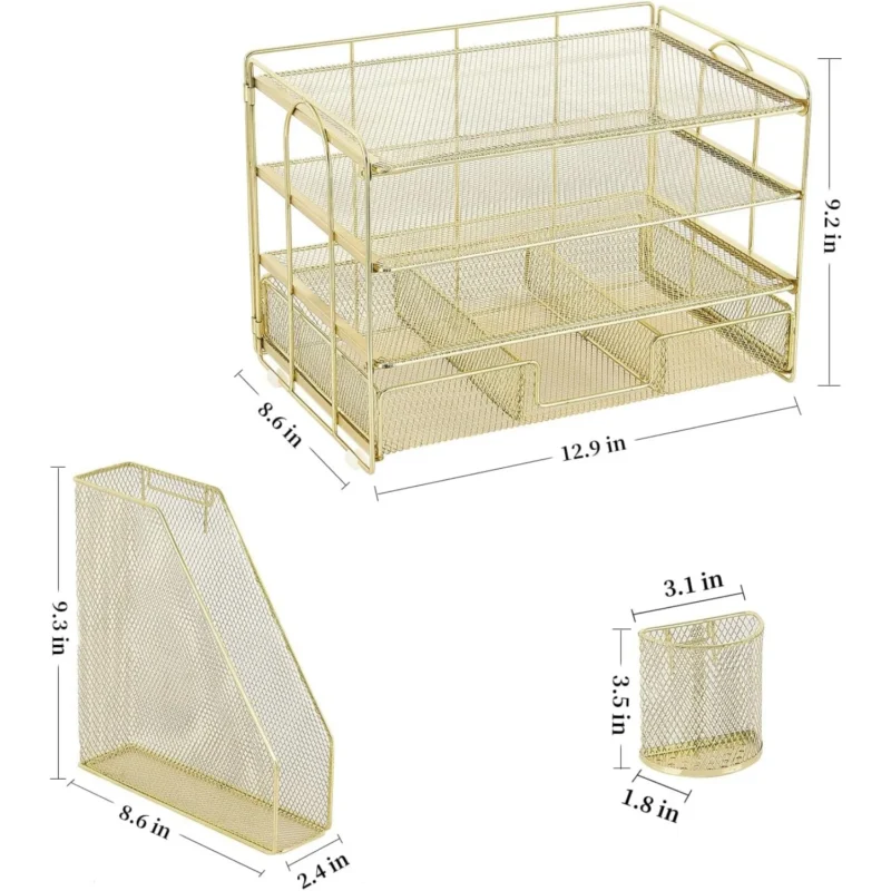 Letter tray organizer with file rack, 4-storey office desk accessory with drawers and 2 pen holders, and workspace organizer - Image 5