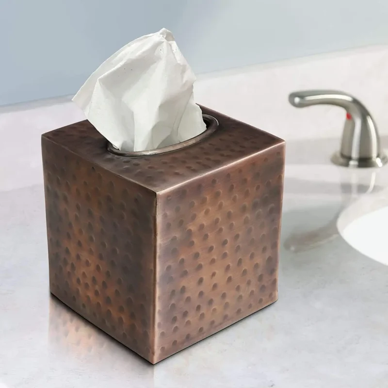 Hand Hammered Tissue Box Square Cover Holder and Dispenser, Rust-Resistant Tissue Box for Office & Bathroom