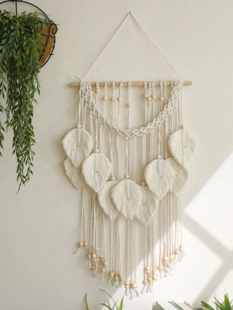 Boho Leaf Macrame Tapestry Woven Wall Hanging Tapestry Home Wall Decor Wood Bead Crafts Bedroom Living Room Decor Aesthetic Gift - Image 3