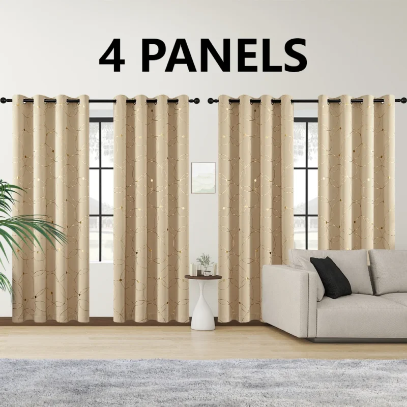 4PCSBlackout Curtains Grommet Thermal Insulated Room Darkening With Circle And Dots Foil Printed For Bedroom