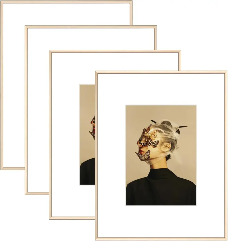 11x14 Picture Frame Set of 4, Matted Brass Simple Modern Brushed Thin Aluminum Metal Photo Frame Fits 8x10 with Mat