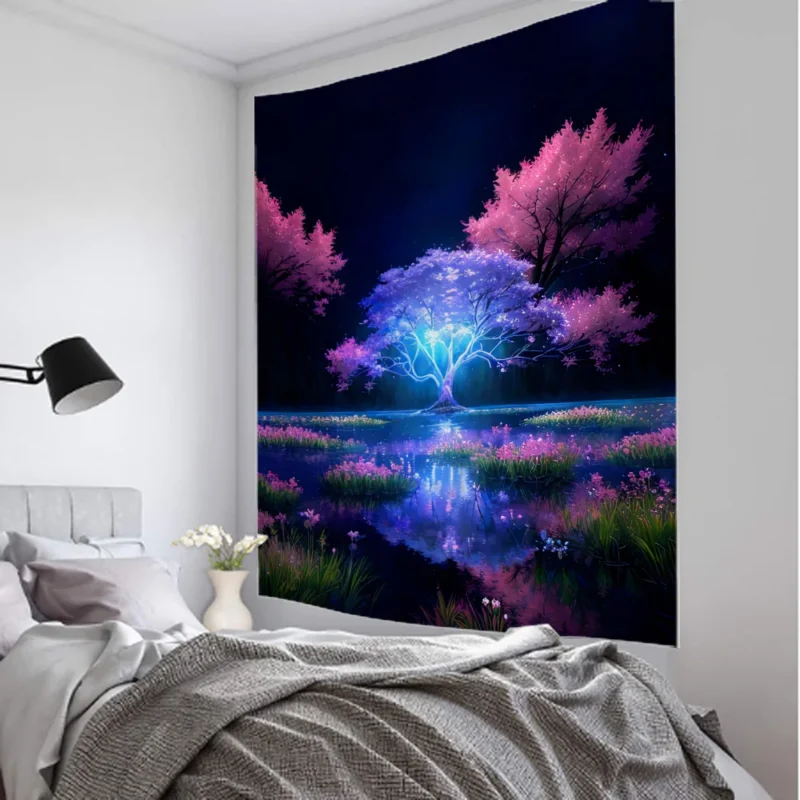 Psychedelic tree tapestry starry sky fantasy art wall hanging hippie wall decoration home background fabric dormitory bed sheets - Image 2