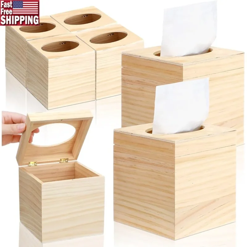 6 Pcs Unfinished Wooden Tissue Box Covers Customizable DIY Square Holder Home Office Decoration