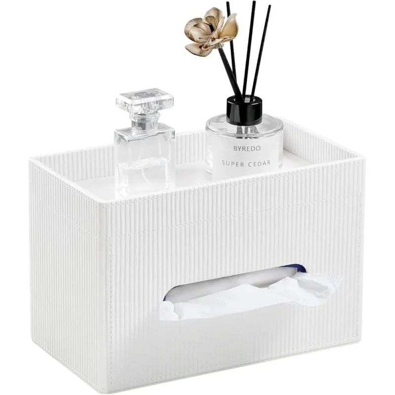 Modern Rectangular PU Leather Tissue Box Cover with Storage Tray Stylish Tissue Holder Bathroom Vanity Bedroom Nightstands