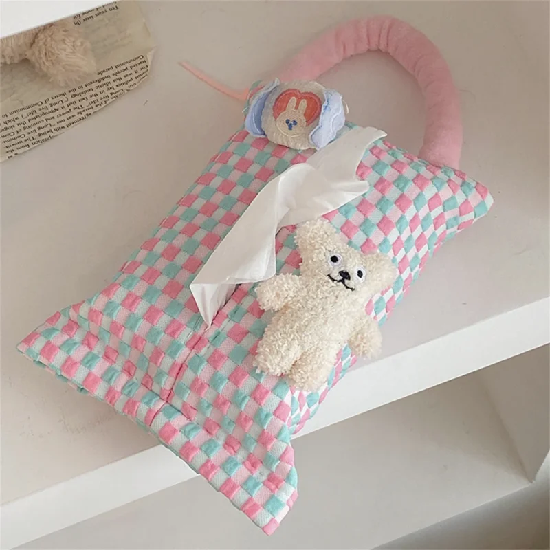 Pink Plaid Fabric Tissue Box Portable Hanging Tissue Case Living Room Container Home Car Towel Napkin Papers Bag Home Decoration
