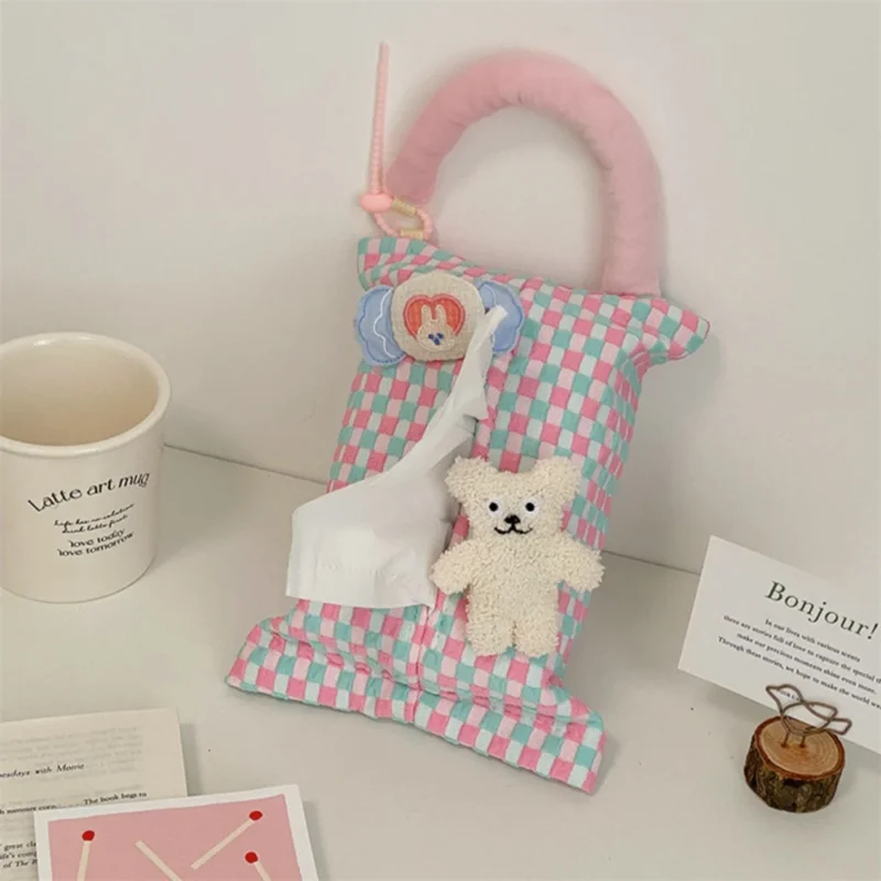 Pink Plaid Fabric Tissue Box Portable Hanging Tissue Case Living Room Container Home Car Towel Napkin Papers Bag Home Decoration - Image 4