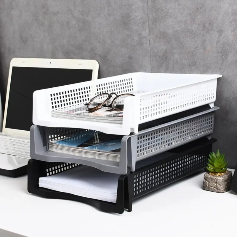 File Box Desktop A4 Document Organizer Stackable Laminated Plastic Papers Rack Storage Tray for Home Office - Image 3