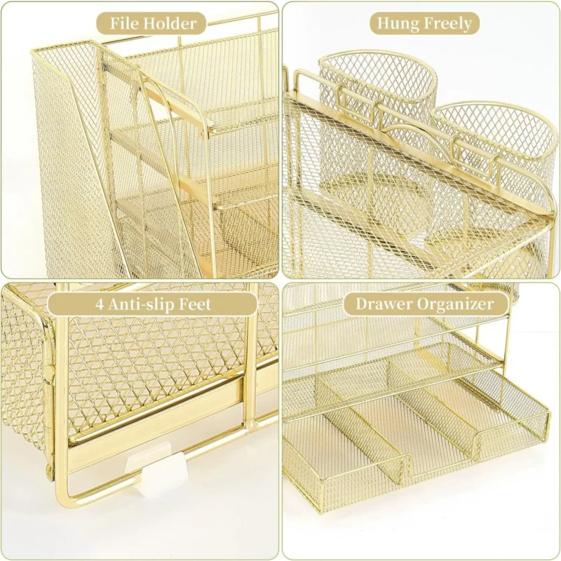 Letter tray organizer with file rack, 4-storey office desk accessory with drawers and 2 pen holders, and workspace organizer - Image 3