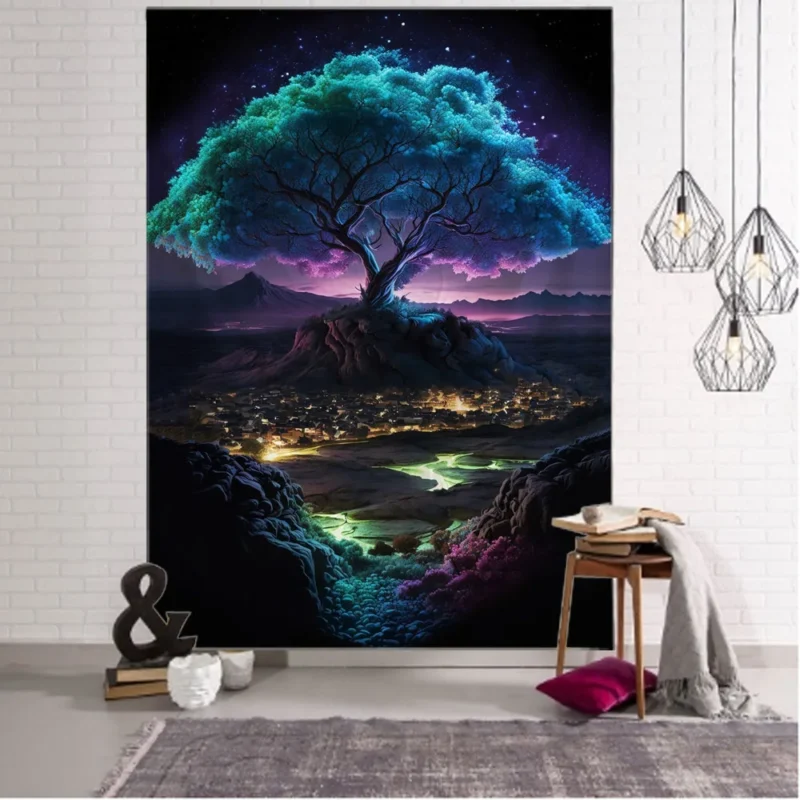 Psychedelic tree tapestry starry sky fantasy art wall hanging hippie wall decoration home background fabric dormitory bed sheets - Image 3
