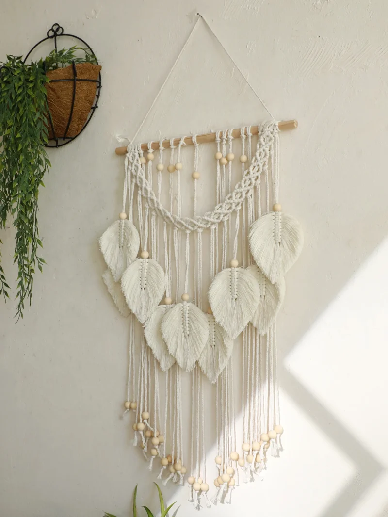 Boho Leaf Macrame Tapestry Woven Wall Hanging Tapestry Home Wall Decor Wood Bead Crafts Bedroom Living Room Decor Aesthetic Gift - Image 2