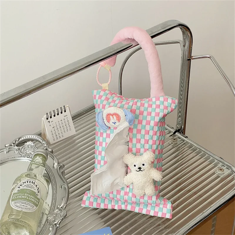 Pink Plaid Fabric Tissue Box Portable Hanging Tissue Case Living Room Container Home Car Towel Napkin Papers Bag Home Decoration - Image 2