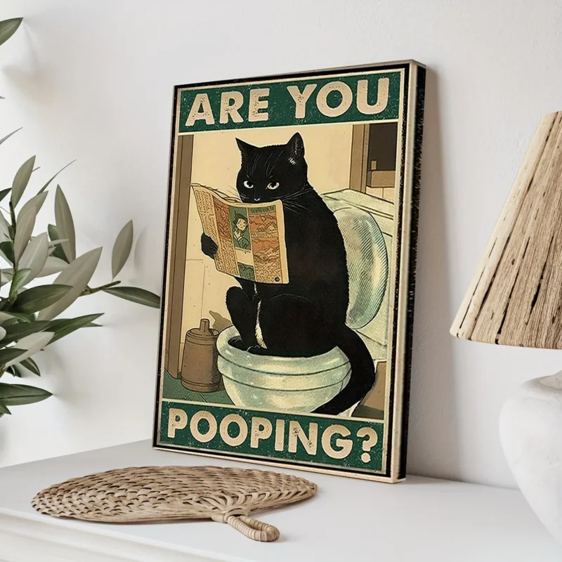 Art quote you are pooping black cat kitten reading newspaper in toilet funny animal poster retro art living room decoration - Image 3