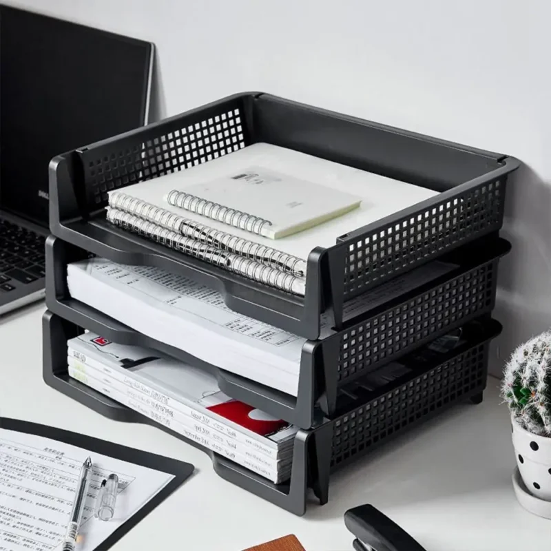 File Box Desktop A4 Document Organizer Stackable Laminated Plastic Papers Rack Storage Tray for Home Office - Image 5