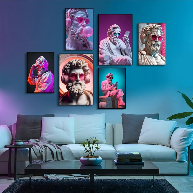 Funny Ancient Greek Sculpture Plays with Mobile Phone Canvas Prints Statue Blows Bubble Wall Art Poster Modern Living Room Decor - Image 5