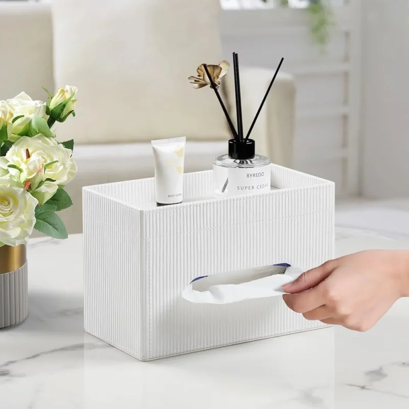 Modern Rectangular PU Leather Tissue Box Cover with Storage Tray Stylish Tissue Holder Bathroom Vanity Bedroom Nightstands - Image 6