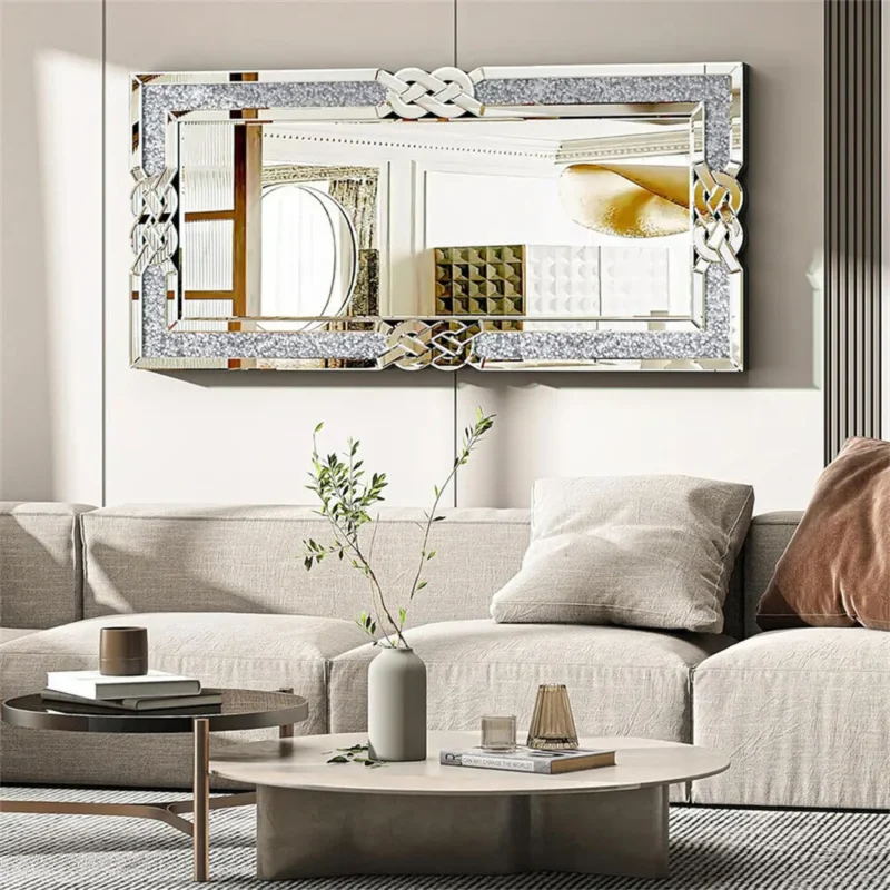 90/100/120CM Rectangle Sparkling Decorative Wall Mirror for Home Decoration w/ Silver Crystal Crush Diamond Decor Accent Mirror