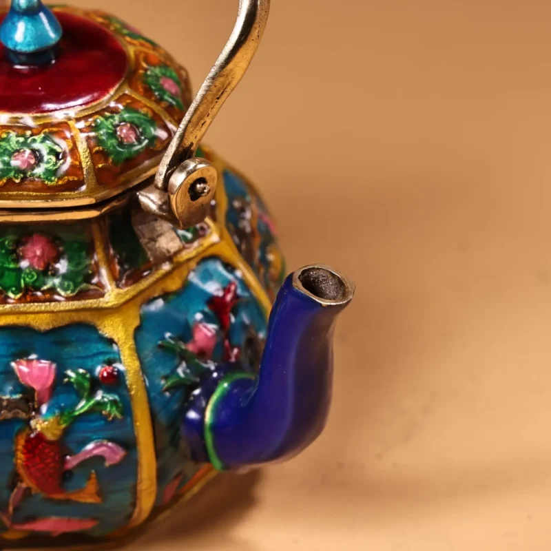 5"Tibetan Temple Collection Old Bronze Cloisonne Enamel Auspicious Eight Treasures Gossip teapot flagon kettle Office Ornaments - Image 5