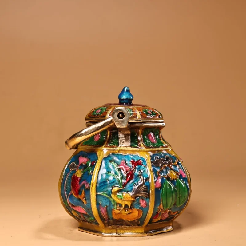 5"Tibetan Temple Collection Old Bronze Cloisonne Enamel Auspicious Eight Treasures Gossip teapot flagon kettle Office Ornaments - Image 4