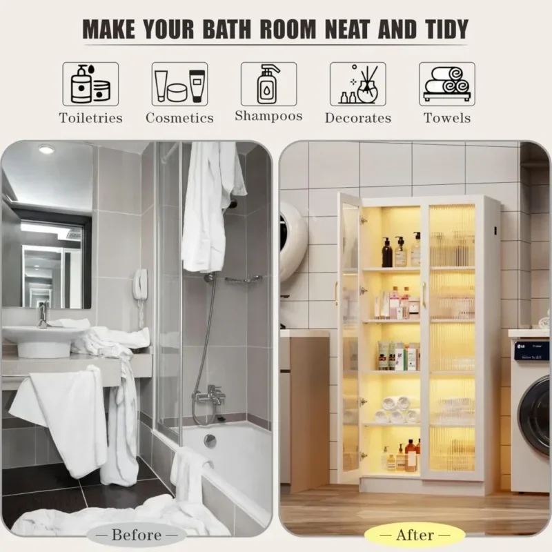 Kitchen Storage Cabinet Display Case，65" Tall Acrylic Cabinets with LED Light Sensor for Bathroom Dining Room Office - Image 6