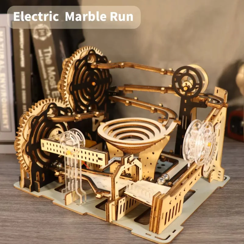 Electric 3D Wooden Puzzles Marble Run Model Kits Brain Teaser Puzzle DIY handmade Christmas gift(Without battery)