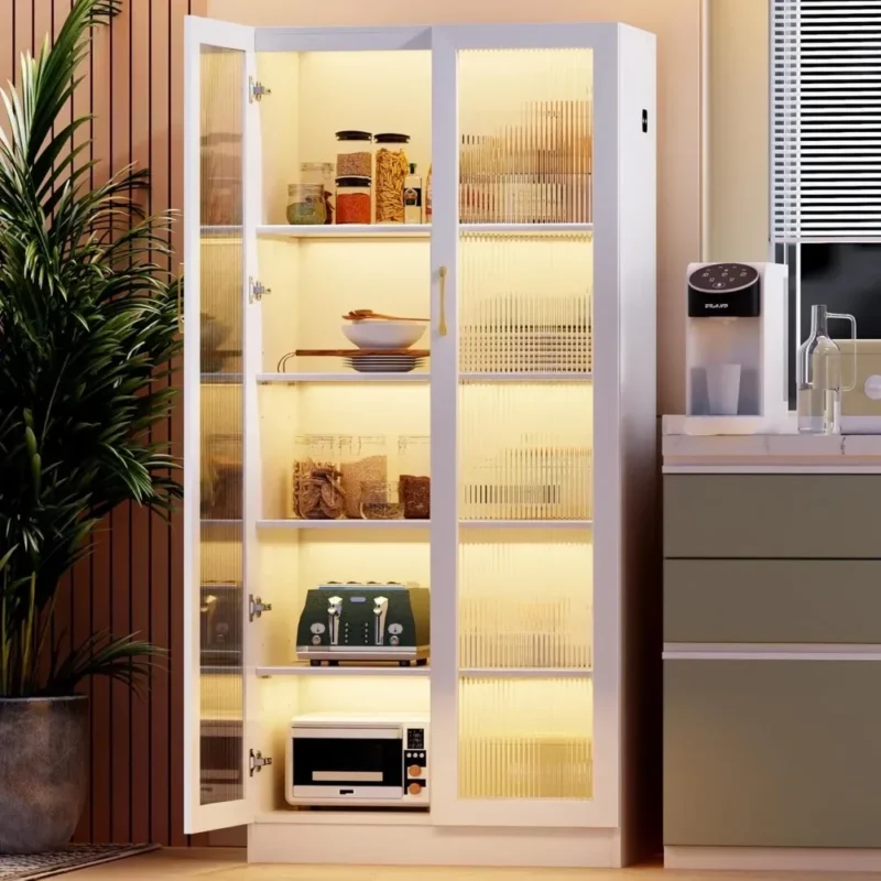 Kitchen Storage Cabinet Display Case，65" Tall Acrylic Cabinets with LED Light Sensor for Bathroom Dining Room Office