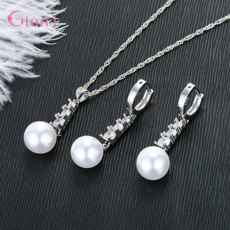 925 Sterling Silver Cubic Zirconia Pearl Dangle Earring Pendant Necklace Jewelry Sets for Women Girl Fashion Trendy Jewellry - Image 5