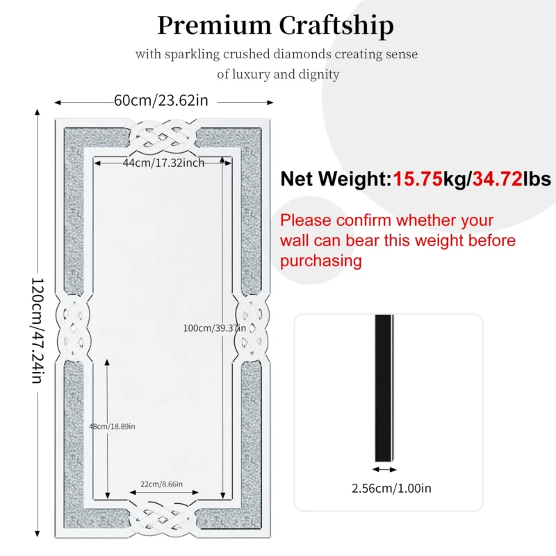 90/100/120CM Rectangle Sparkling Decorative Wall Mirror for Home Decoration w/ Silver Crystal Crush Diamond Decor Accent Mirror - Image 4