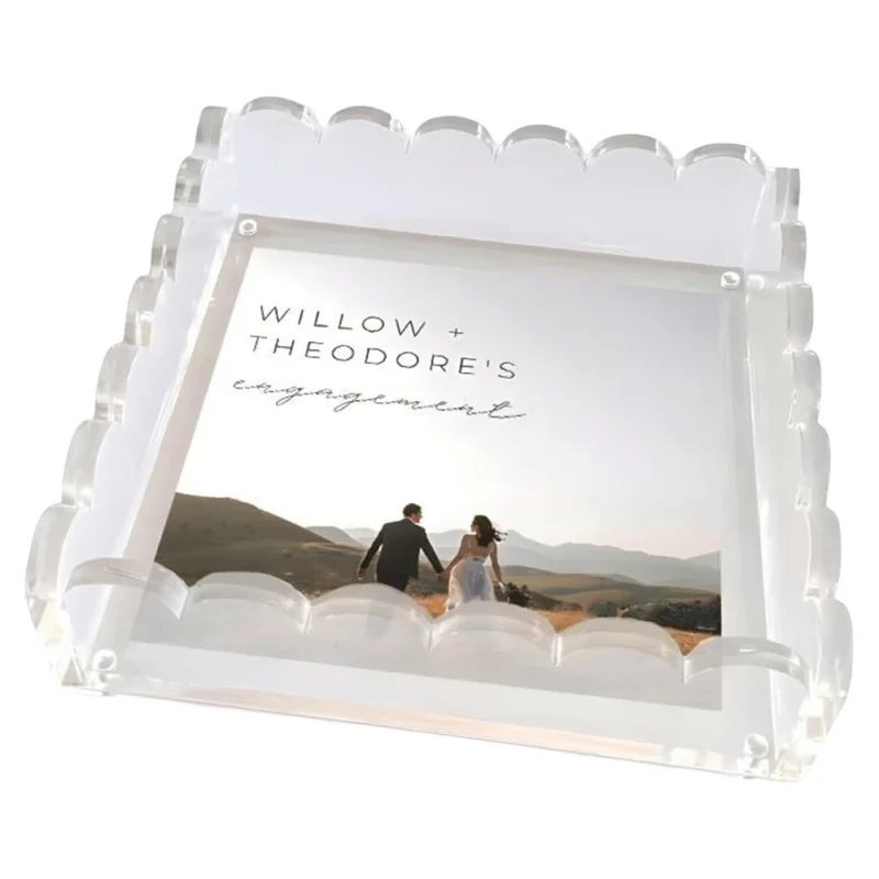 Acrylic Picture Frame with Magnetic Mat Clear Scalloped Photo Tray Vertical Horizontal Desktop Display for Table Decor - Image 5