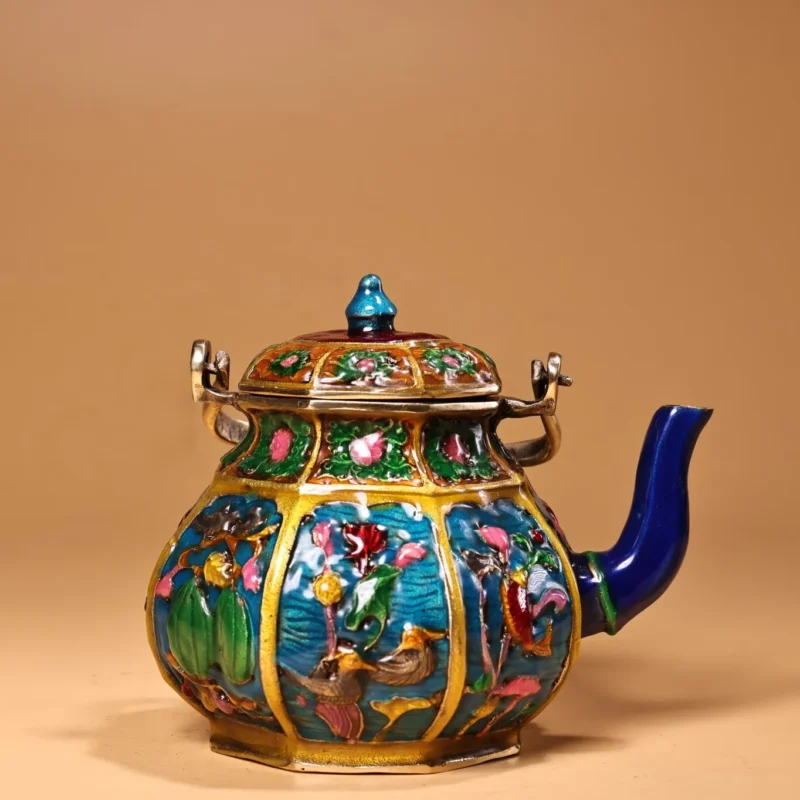 5"Tibetan Temple Collection Old Bronze Cloisonne Enamel Auspicious Eight Treasures Gossip teapot flagon kettle Office Ornaments - Image 3