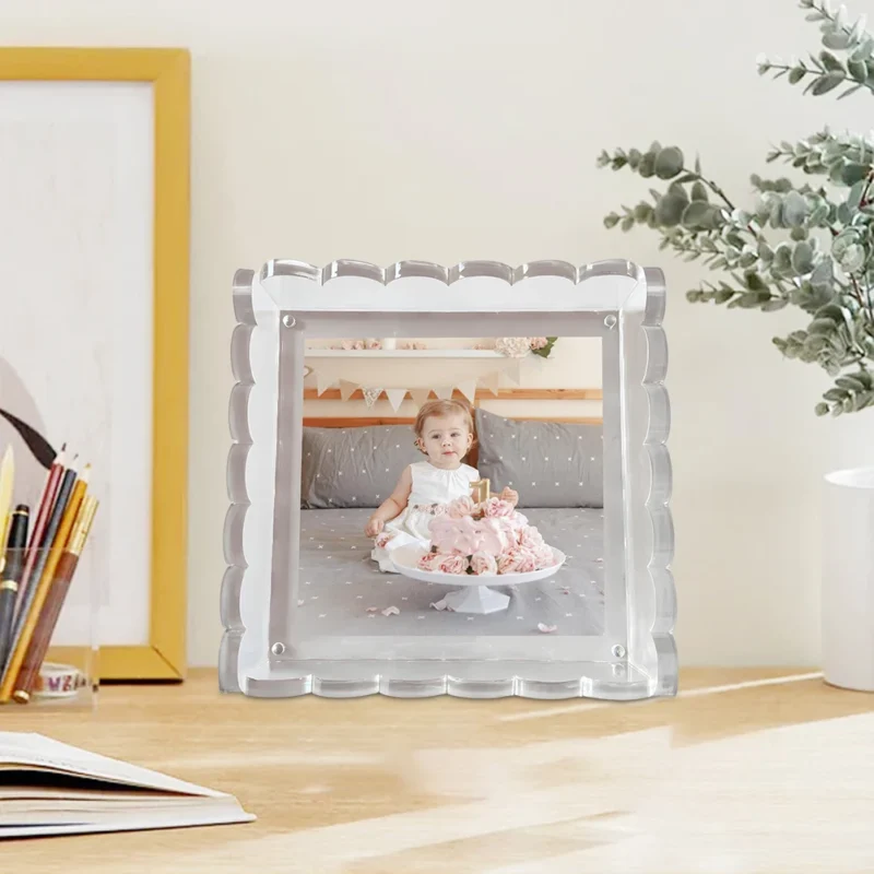 Acrylic Picture Frame with Magnetic Mat Clear Scalloped Photo Tray Vertical Horizontal Desktop Display for Table Decor - Image 4