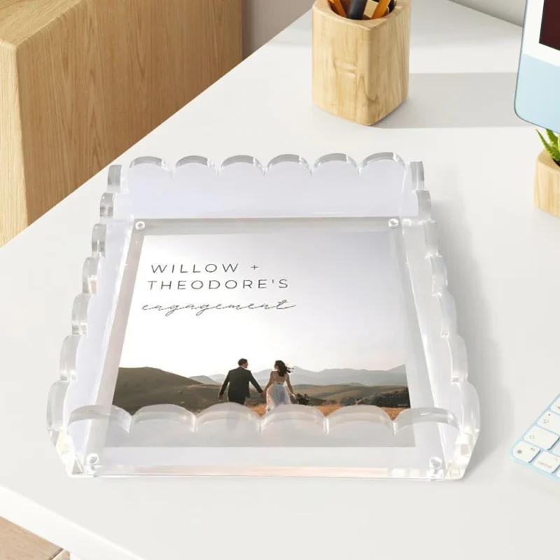 Acrylic Picture Frame with Magnetic Mat Clear Scalloped Photo Tray Vertical Horizontal Desktop Display for Table Decor - Image 3
