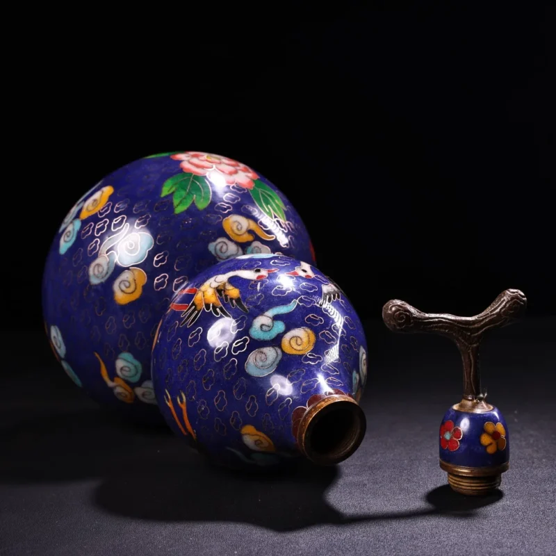 12"Tibetan Temple Collection Old Bronze Cloisonne Enamel Crane Phoenix Pattern Calabash Town house Gourd Amass wealth Ornaments - Image 5