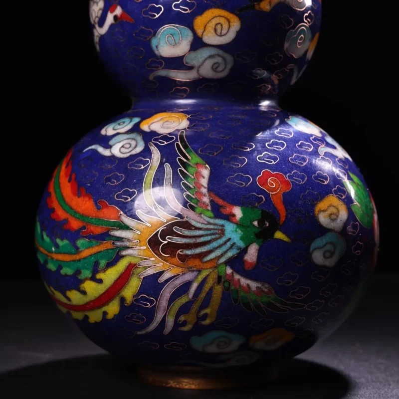 12"Tibetan Temple Collection Old Bronze Cloisonne Enamel Crane Phoenix Pattern Calabash Town house Gourd Amass wealth Ornaments - Image 4