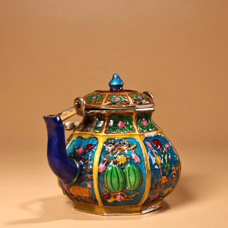 5"Tibetan Temple Collection Old Bronze Cloisonne Enamel Auspicious Eight Treasures Gossip teapot flagon kettle Office Ornaments
