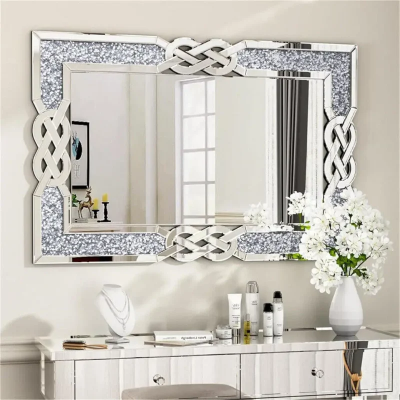 90/100/120CM Rectangle Sparkling Decorative Wall Mirror for Home Decoration w/ Silver Crystal Crush Diamond Decor Accent Mirror - Image 2