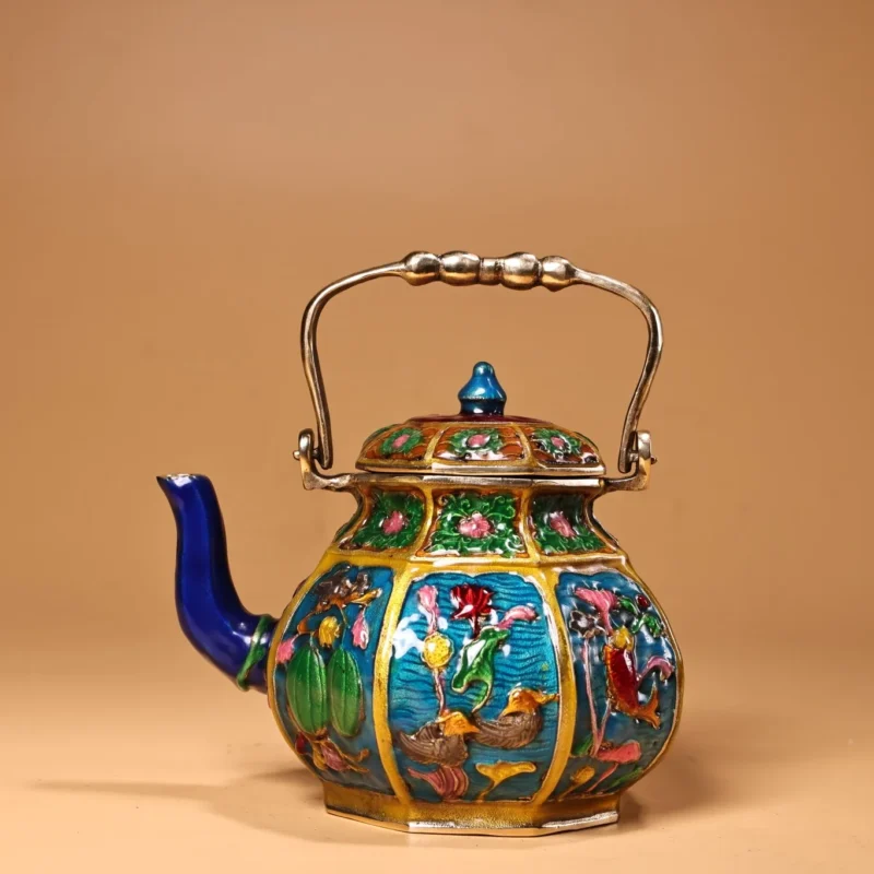 5"Tibetan Temple Collection Old Bronze Cloisonne Enamel Auspicious Eight Treasures Gossip teapot flagon kettle Office Ornaments - Image 2